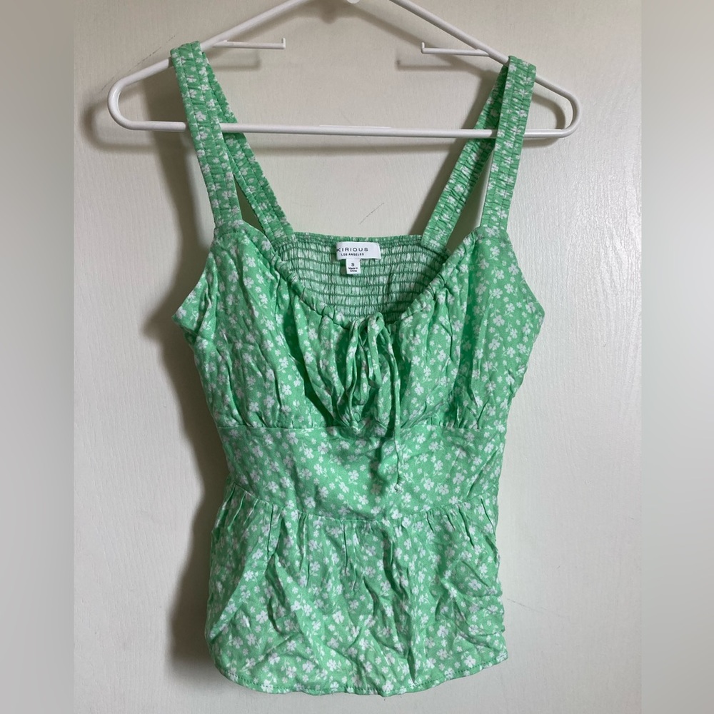 Kirious Lime Green Ditsy Floral Scoop Neck Cropped Peplum Tank Top #Gr